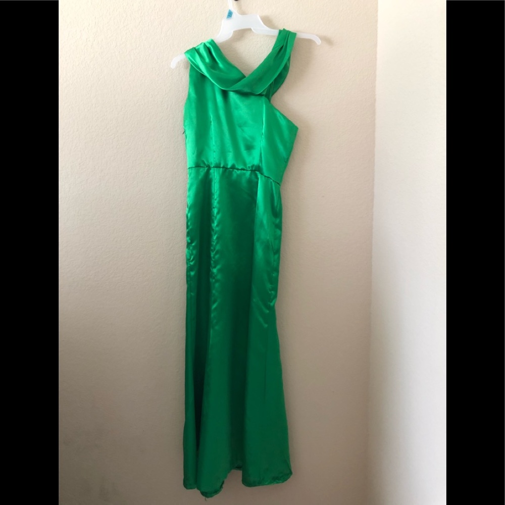 Green Satin asymmetrical formal dress